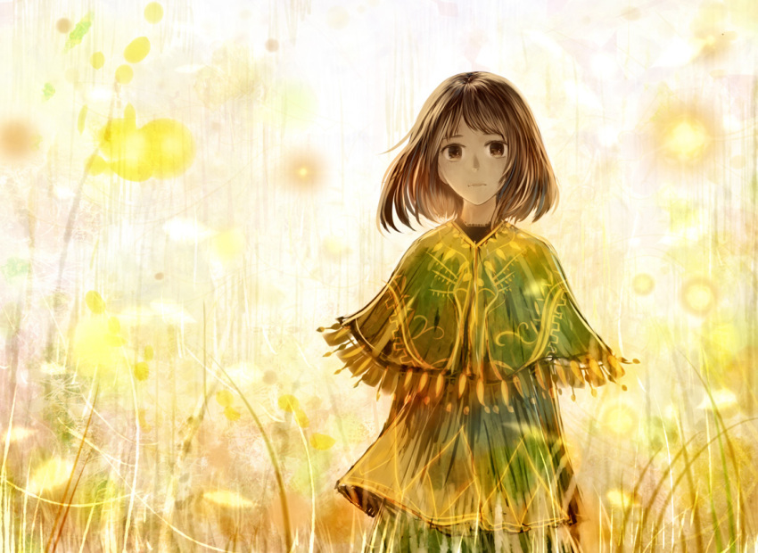 1girl bangs bob_cut brown_eyes brown_hair closed_mouth commentary_request dress green_dress light looking_at_viewer original sakimori_(hououbds) solo