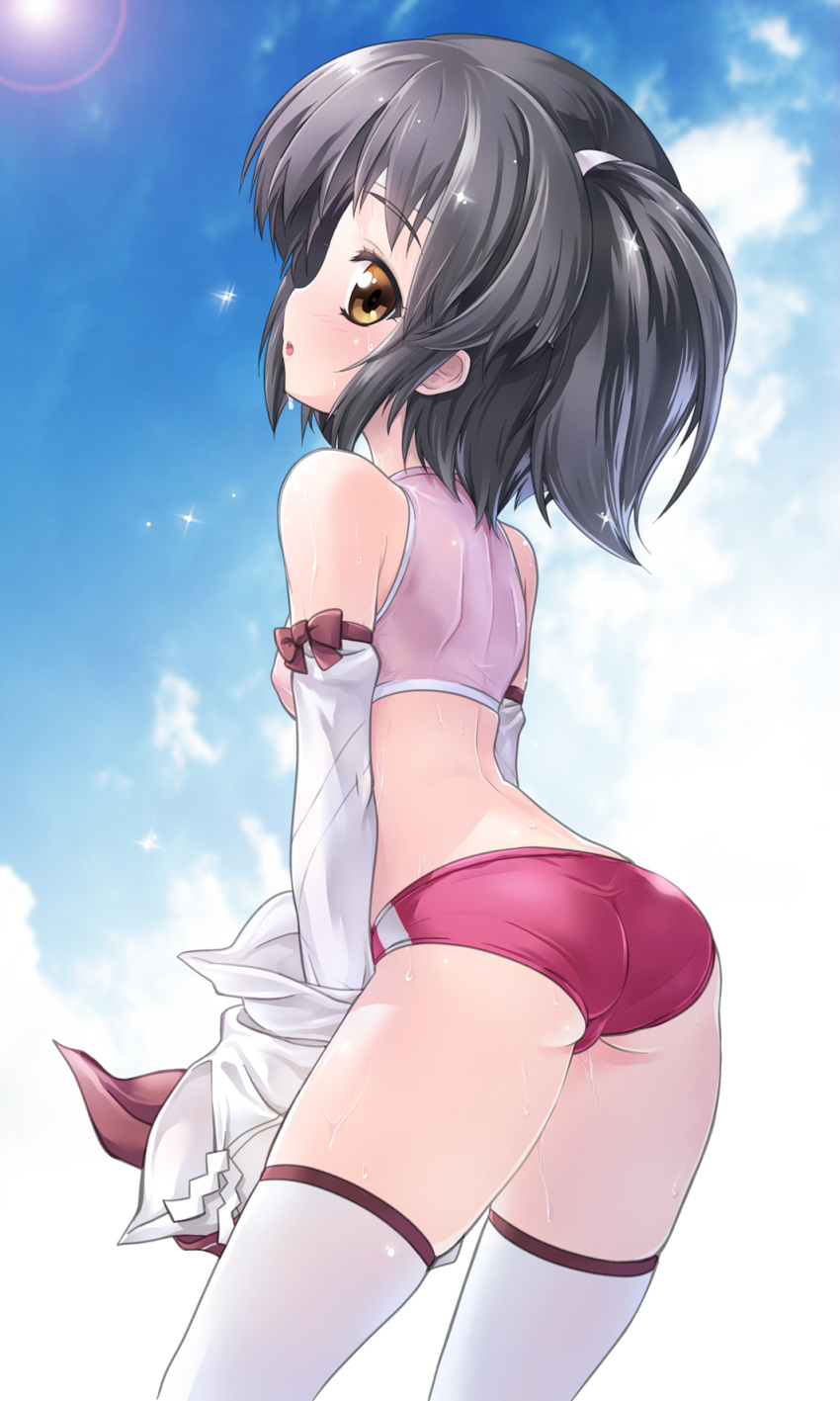 1girl ass back bangs blush brown_eyes brown_hair buruma clouds cloudy_sky commentary_request cowboy_shot crop_top day detached_sleeves eyebrows_visible_through_hair from_behind graphite_(medium) highres kantai_collection kuzuryuu_kennosuke looking_at_viewer looking_back midriff nagara_(kantai_collection) one_side_up outdoors parted_lips red_buruma shirt short_hair single_vertical_stripe skindentation sky solo sparkle standing sun sweat thigh-highs thighs traditional_media white_legwear white_shirt wide_sleeves