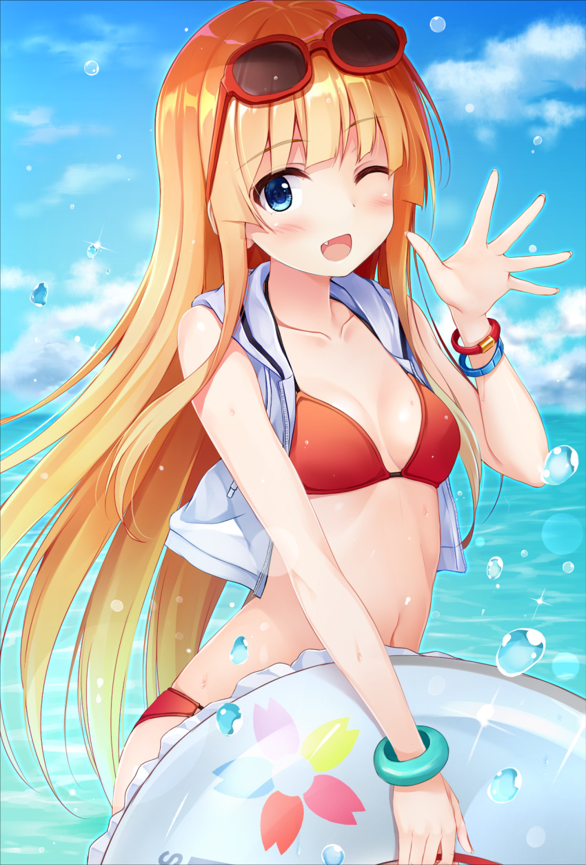 1girl ;d bangs bikini blonde_hair blue_eyes blush bracelet breasts collarbone cowboy_shot cropped_jacket eyebrows_visible_through_hair fang highres holding innertube jacket jewelry long_hair looking_at_viewer navel ocean one_eye_closed open_clothes open_jacket open_mouth outdoors pasdar red_bikini saenai_heroine_no_sodatekata sawamura_spencer_eriri shiny shiny_skin skindentation small_breasts smile solo sunglasses sunglasses_on_head swimsuit very_long_hair