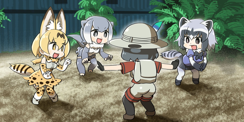 3girls :d animal_ears backpack bag black_gloves black_ribbon chaki_(teasets) character_request chibi commentary_request fang gloves ground hat highres jurassic_world kaban_(kemono_friends) kemono_friends looking_at_another multiple_girls open_mouth otter_ears otter_tail outstretched_arms pants parody plant red_shirt ribbon serval_(kemono_friends) serval_ears serval_print serval_tail shadow shirt short_hair skirt small-clawed_otter_(kemono_friends) smile standing striped_tail tail walking