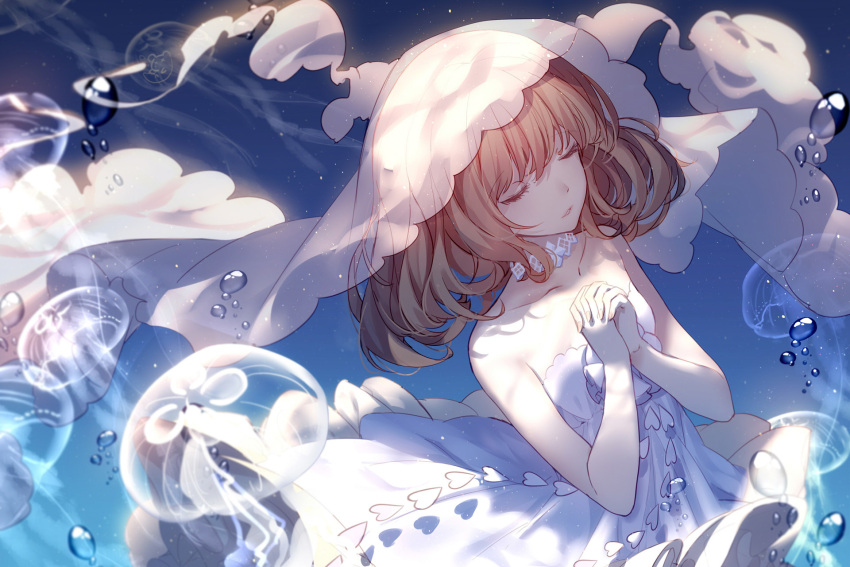 1girl bare_shoulders bison_cangshu bridal_veil brown_hair bubble character_request closed_eyes collarbone copyright_request dress facing_away hands_clasped highres jellyfish medium_hair solo veil wedding_dress white_dress