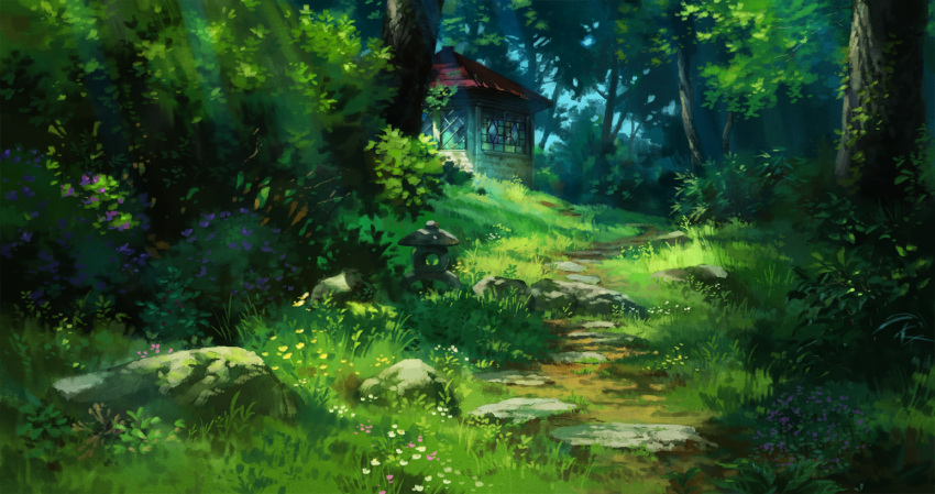 building bush commentary_request dappled_sunlight day flower forest grass hosoi_mikio nature no_humans outdoors path photoshop plant road scenery studio_ghibli sunlight tree window