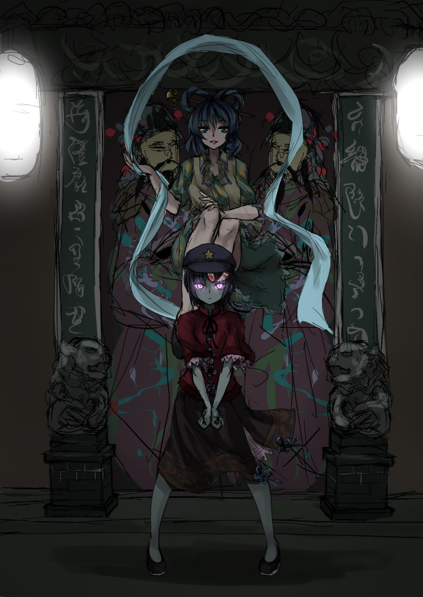 2girls bare_arms blouse blue_eyes blue_hair chisel clenched_hands closed_mouth collared_vest dark dress expressionless eyebrows_visible_through_hair full_body glowing glowing_eyes hair_ornament hair_rings hair_stick hand_on_own_knee hand_up hands_together hat highres indoors jiangshi kaku_seiga kourou_(kouroukun) light_smile lips looking_at_viewer miyako_yoshika multiple_girls ofuda outstretched_arms pale_skin parted_lips puffy_short_sleeves puffy_sleeves shawl short_hair short_sleeves sitting sketch skirt standing star touhou vest violet_eyes wing_collar