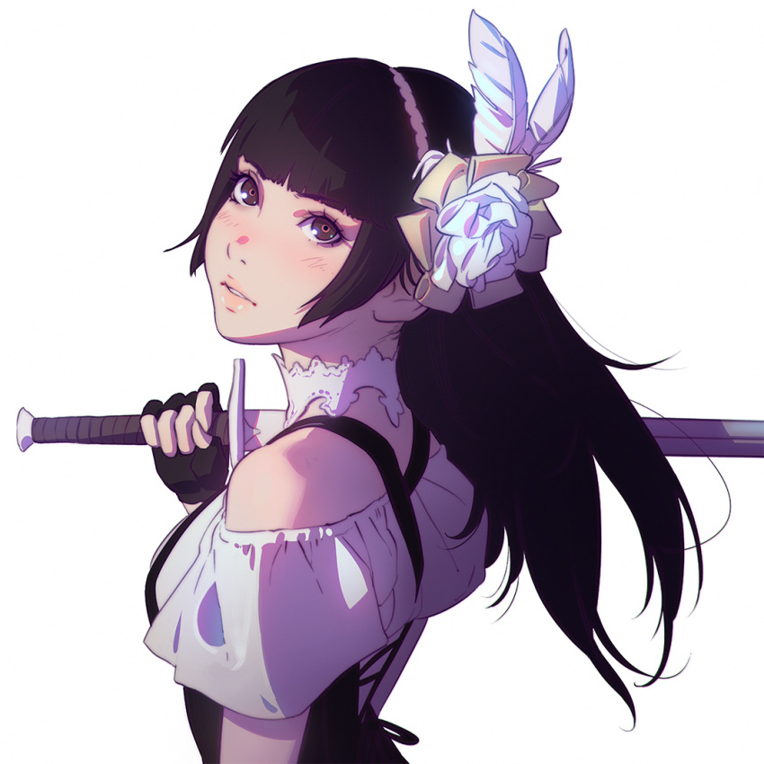 1girl aizawa_risa black_eyes black_hair fingerless_gloves gloves hair_ornament ilya_kuvshinov long_hair looking_at_viewer real_life simple_background solo sword weapon