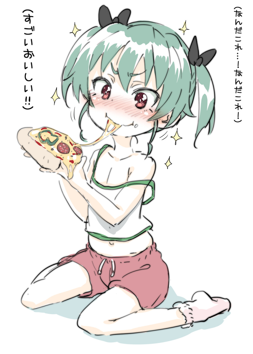 10s 1girl alternate_hairstyle anchovy bangs black_ribbon blush camisole closed_mouth eating food food_on_face girls_und_panzer green_hair hair_ribbon highres holding_pizza miyao_ryuu navel pink_shorts pizza red_eyes ribbon shirt short_hair short_twintails shorts simple_background sitting smile socks solo sparkle strap_slip twintails wariza white_background white_legwear white_shirt younger