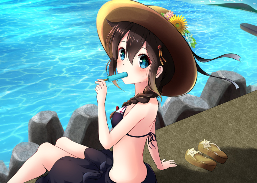 1girl adapted_costume amagami_(makise_tsubaki) bikini black_bikini black_skirt blue_eyes blue_flower blush braid brown_hair eating food hair_between_eyes hair_flaps hat holding kantai_collection long_hair ocean pink_flower popsicle remodel_(kantai_collection) revision shigure_(kantai_collection) single_braid sitting skirt solo swimsuit yellow_flower