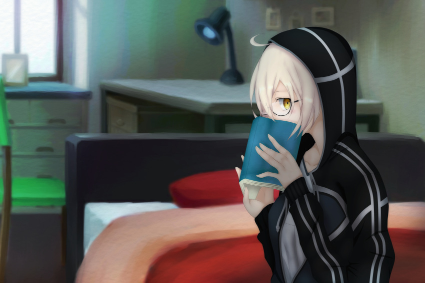 1girl artoria_pendragon_(all) book covering_face desk desk_lamp fate/grand_order fate_(series) glasses heroine_x heroine_x_(alter) highres hood lamp on_bed semi-rimless_glasses sitting sitting_on_bed solo type-moon under-rim_glasses windowsill yellow_eyes