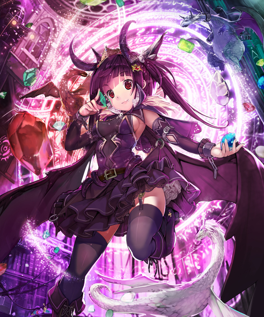 1girl belt breasts commentary_request cuffs detached_sleeves dragon eyebrows_visible_through_hair fang garter_straps gem hair_ornament highres holding horns indoors layered_skirt looking_at_viewer magic_circle original purple_hair purple_skirt red_eyes sideboob skirt small_breasts solo spirtie thigh-highs wings