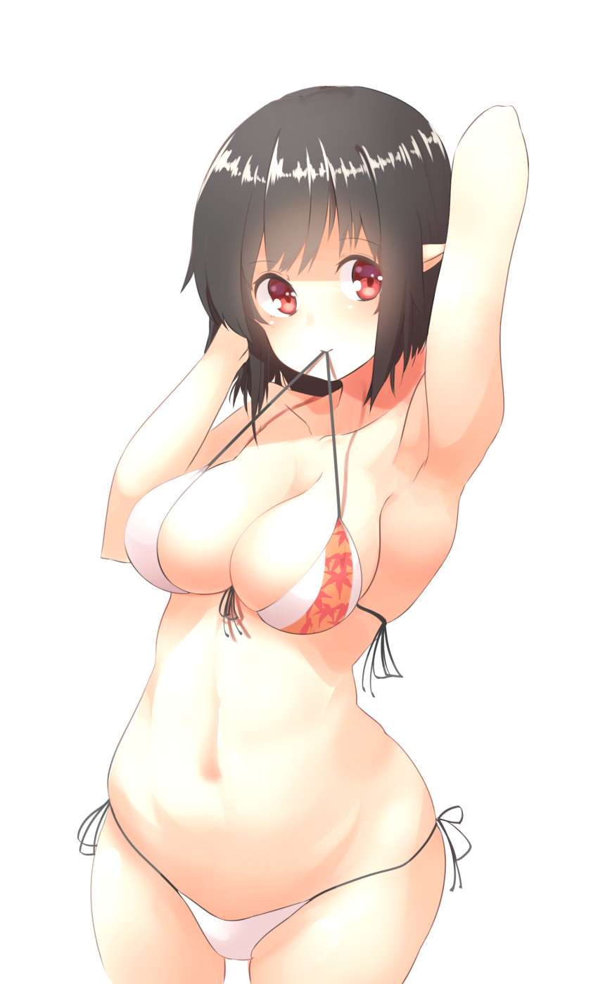 1girl absurdres arm_up armpits bangs bikini black_hair breasts cleavage cowboy_shot front-tie_bikini front-tie_top highres looking_at_viewer medium_breasts mouth_hold navel outdoors pointy_ears red_eyes shameimaru_aya short_hair side-tie_bikini simple_background solo stomach string_bikini swimsuit touhou white_background white_bikini yusake_san