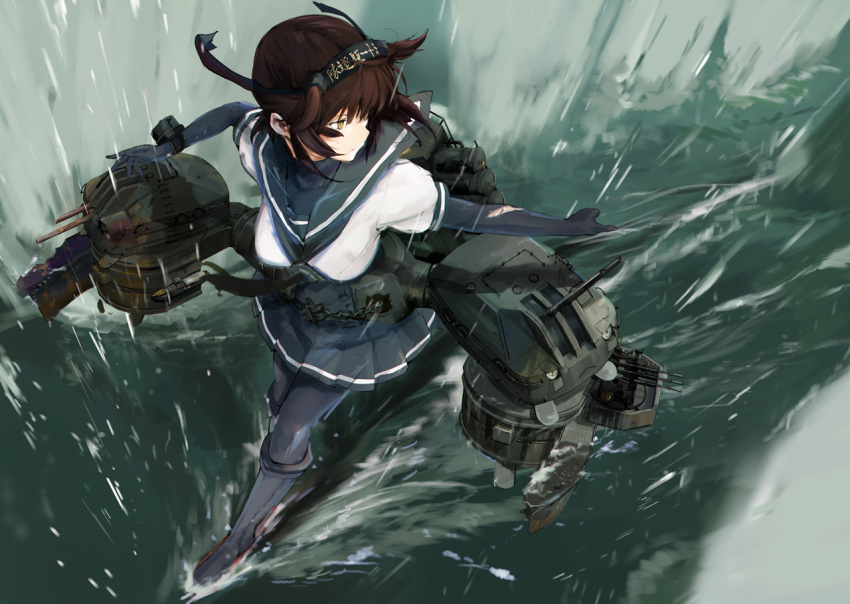 1girl afloat black_legwear blockhead_bh brown_hair chou-10cm-hou-chan_(hatsuzuki's) commentary_request from_above hatsuzuki_(kantai_collection) kantai_collection machinery ocean pantyhose pleated_skirt school_uniform serafuku short_hair skirt solo torn_clothes turret waterskiing_(meme) yellow_eyes