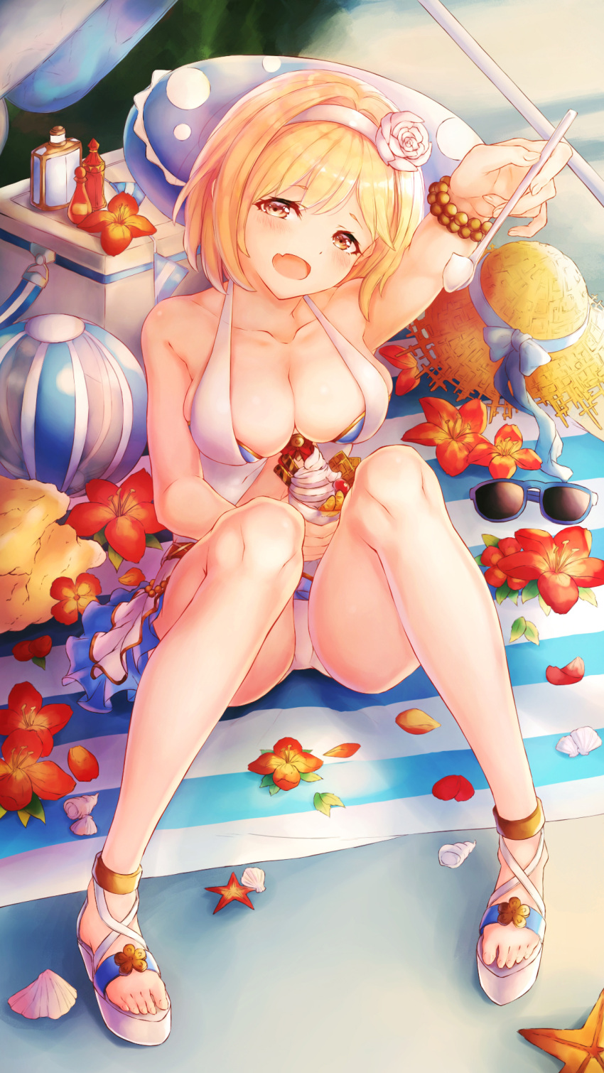 10s 1girl arm_up ball beachball blonde_hair blush breasts cleavage collarbone commentary_request djeeta_(granblue_fantasy) fang flower food full_body granblue_fantasy hair_flower hair_ornament hairband hat hat_removed headwear_removed highres ice_cream looking_at_viewer medium_breasts open_mouth petals revision sandals short_hair sitting solo spoon straw_hat sunglasses sunglasses_removed swimsuit wakaba_(945599620) white_hairband yellow_eyes