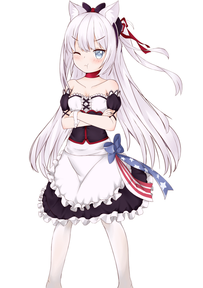 absurdres alternate_costume animal_ears bilan_hangxian blue_eyes blush breasts collarbone crossed_arms hamann_(bilan_hangxian) highres long_hair looking_at_viewer small_breasts solo tsundere white_background white_legwear
