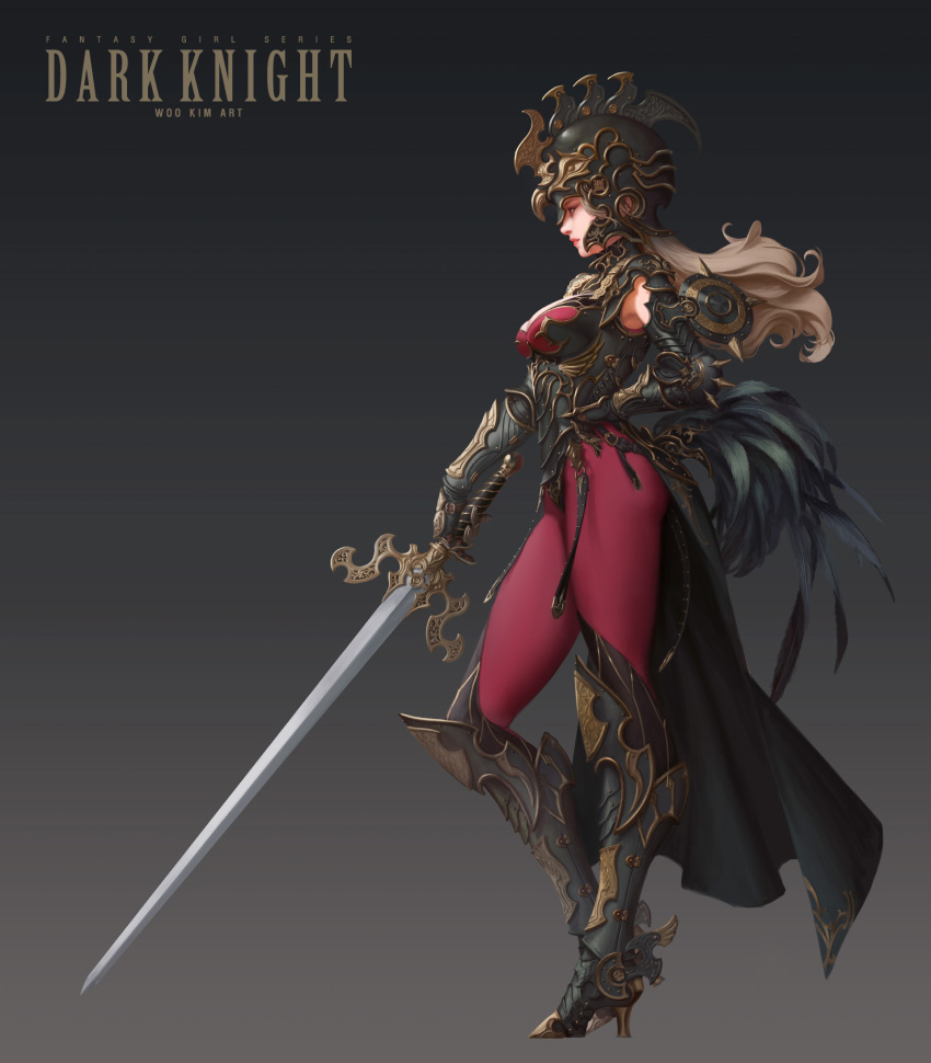 1girl armor black_boots boots breasts brown_eyes cleavage fantasy_girl_series full_body gauntlets greaves grey_background helmet highres holding holding_sword holding_weapon light_brown_hair long_hair looking_to_the_side profile rooster_tail solo sword weapon woo_kim