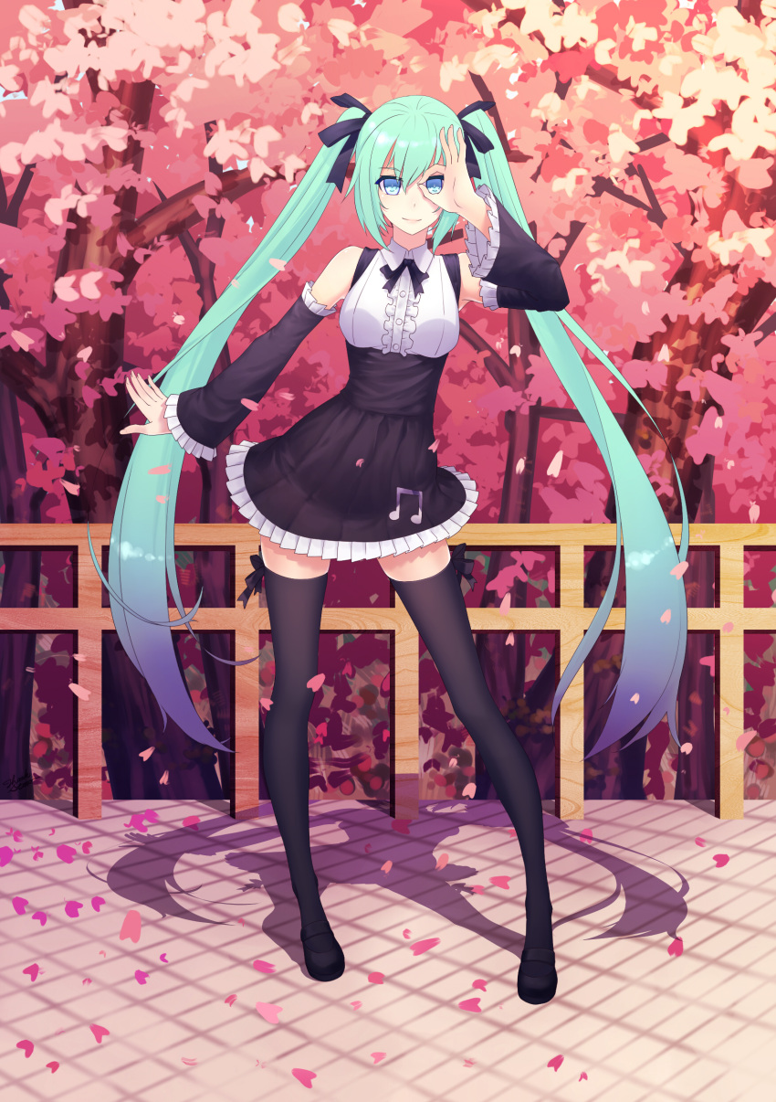 1girl absurdres black_legwear black_ribbon black_skirt blue_eyes blue_hair closed_eyes contrapposto day daye_bie_qia_lian detached_sleeves full_body hair_between_eyes hair_ribbon hatsune_miku high-waist_skirt highres long_hair looking_at_viewer miniskirt outdoors petlas ribbon shirt skirt sleeveless sleeveless_shirt smile solo standing thigh-highs tree twintails very_long_hair vocaloid white_shirt