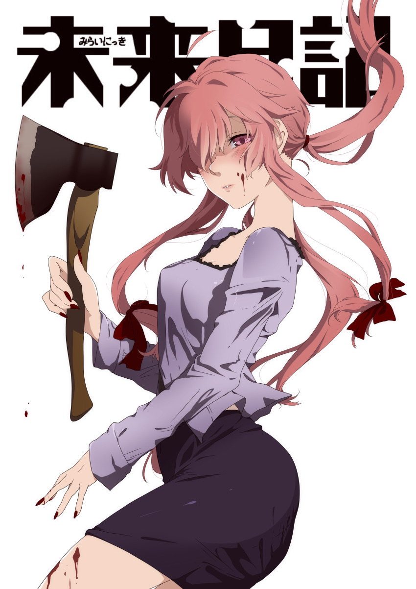 1girl absurdres asuka_(meruhen67) black_skirt blood blood_on_face blood_on_fingers breasts cleavage copyright_name floating_hair gasai_yuno grey_shirt hair_over_one_eye hair_ribbon highres holding_axe long_hair medium_breasts miniskirt mirai_nikki nail_polish parted_lips pink_eyes pink_hair ponytail red_nails red_ribbon ribbon shirt sidelock simple_background skirt solo white_background