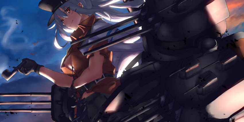 1girl belt black_gloves breasts cleavage cropped_legs dutch_angle gangut_(kantai_collection) gloves grey_hair hat highres holding holding_pipe jacket kantai_collection long_hair machinery military military_uniform peaked_cap pipe red_eyes red_shirt remodel_(kantai_collection) scar_on_cheek shirt smile solo tsuuhan uniform