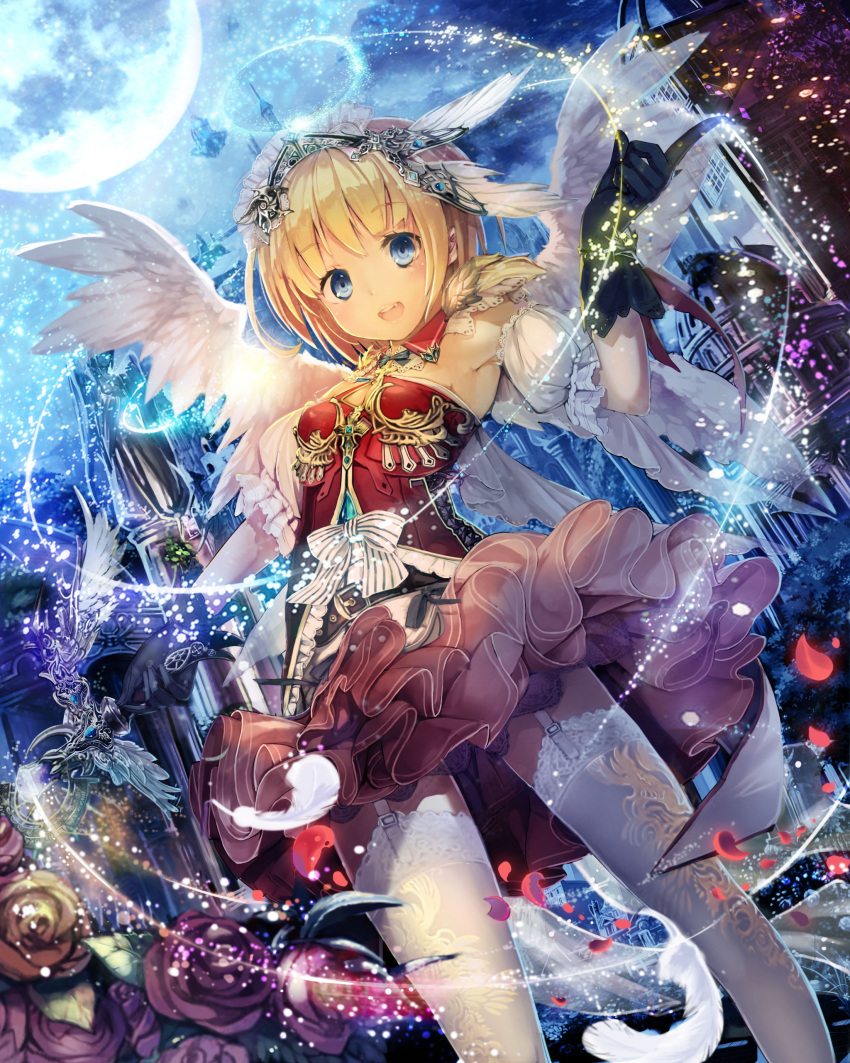 1girl absurdres angel angel_wings armpits black_gloves blonde_hair blue_eyes breasts commentary_request detached_sleeves eyebrows_visible_through_hair flower garter_straps gloves hair_between_eyes halo headgear highres lace lace-trimmed_thighhighs layered_skirt looking_at_viewer moon night original outdoors pink_skirt rose skirt small_breasts solo sparkle spirtie thigh-highs wand white_legwear white_wings wings