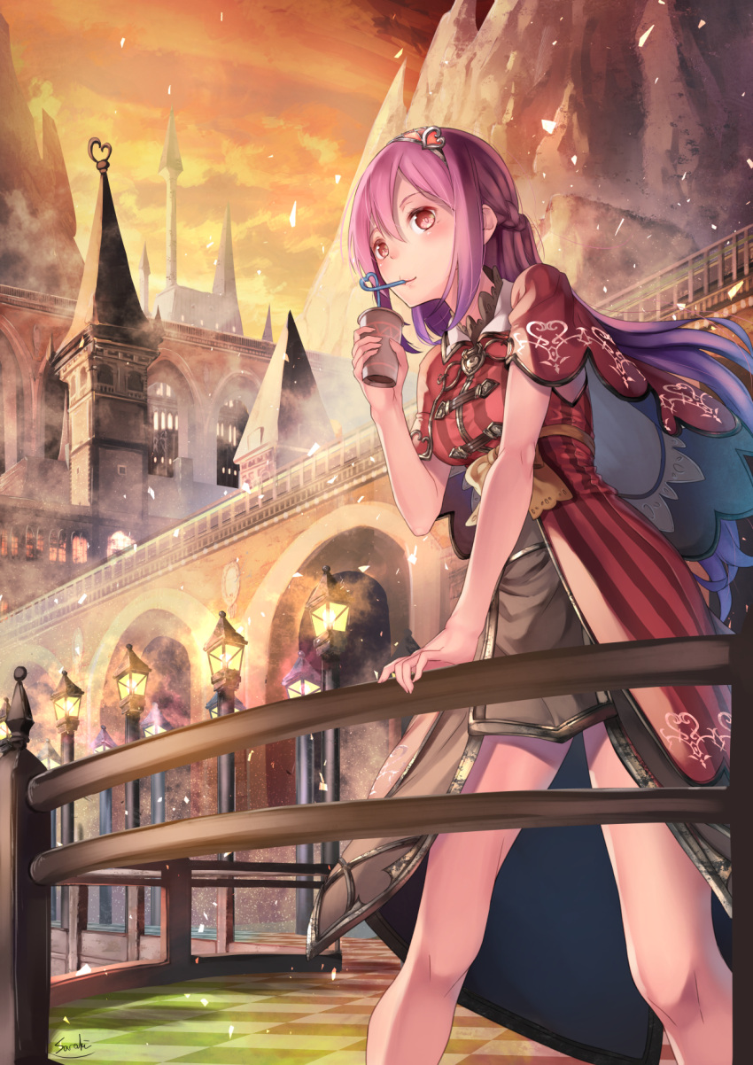 1girl arch bendy_straw blush cup drinking drinking_straw hairband highres holding holding_cup lamppost long_hair mountain orange_sky original purple_hair railing red_clothes red_eyes saraki signature sky solo standing striped_clothes tower