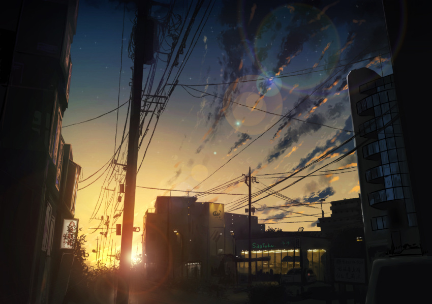 byakuya_reki city convenience_store evening lens_flare no_humans original outdoors power_lines scenery shop sunset