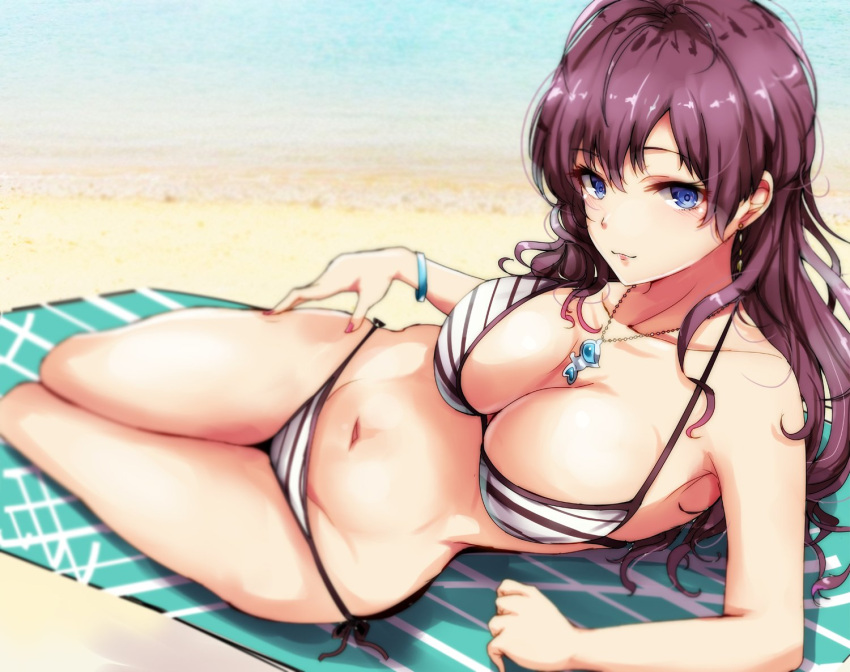 10s 1girl :3 arm arm_support bare_arms bare_legs bare_shoulders beach beach_towel bikini blue_eyes bracelet breasts cleavage closed_mouth collarbone earrings female full_body highres ichinose_shiki idolmaster idolmaster_cinderella_girls jewelry large_breasts legs long_hair looking_at_viewer lying midriff nail_polish navel neck necklace on_side outdoors purple_hair ryuu. sand side-tie_bikini sitting smile solo striped striped_bikini striped_swimsuit swimsuit towel wavy_hair white_bikini white_swimsuit yokozuwari