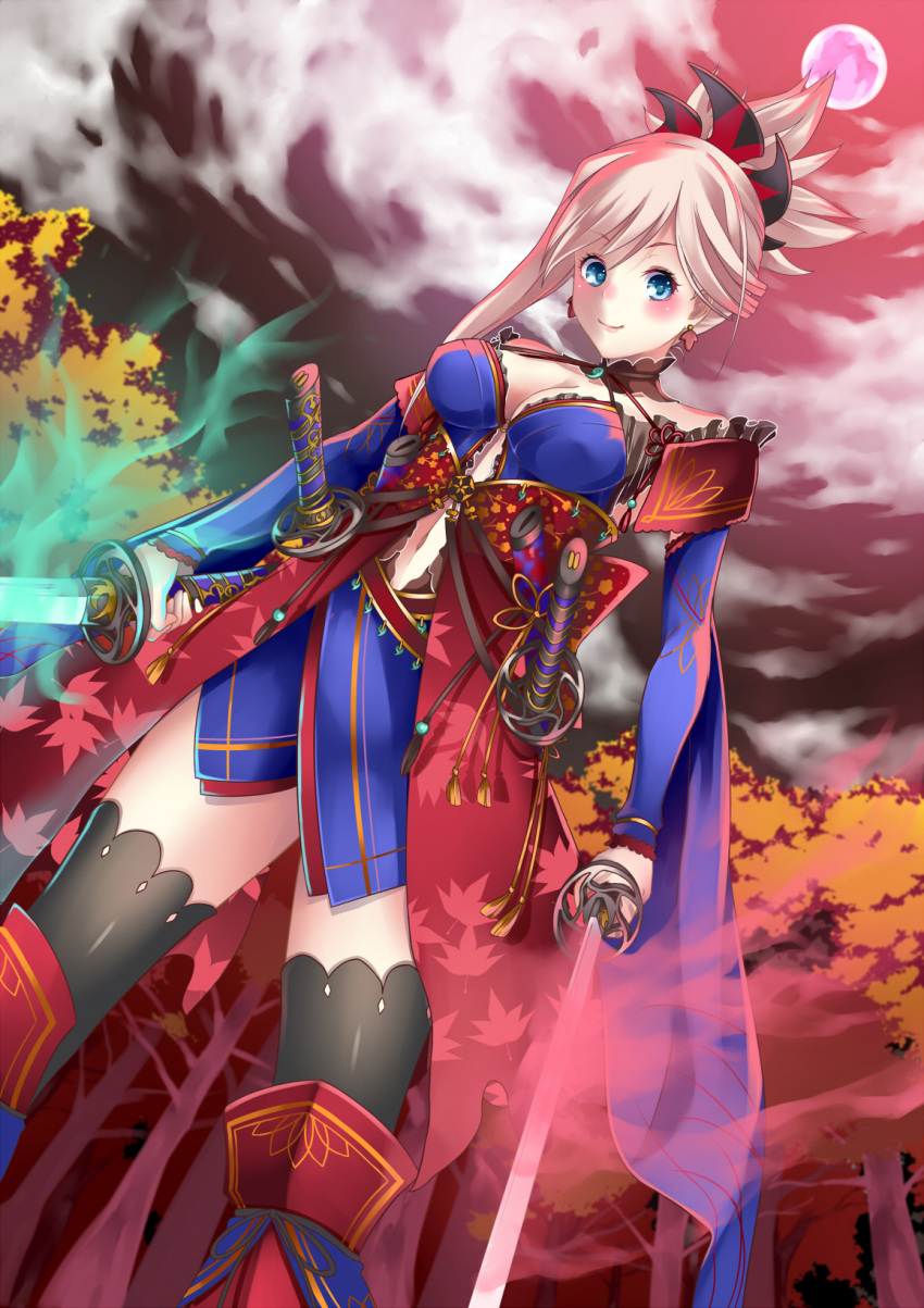1girl blue_eyes blush breasts detached_sleeves earrings fate/grand_order fate_(series) forest full_moon hair_ornament highres japanese_clothes jewelry katana kimono large_breasts looking_at_viewer mahiro_(yoshi6237) midriff miyamoto_musashi_(fate/grand_order) moon nature navel outdoors pink_hair ponytail sash smile solo sword thigh-highs weapon