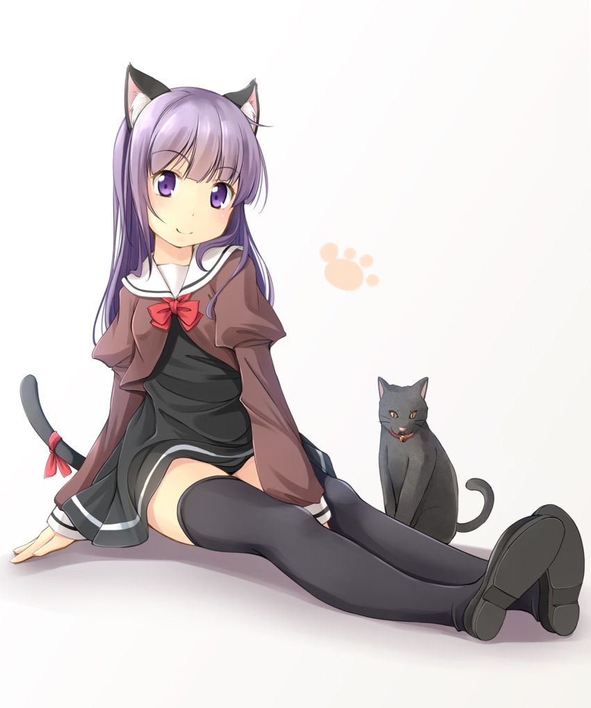 1girl animal_ears bell bell_choker between_legs black_cat black_dress black_legwear black_shoes blush bow bowtie brown_shirt cat cat_ears cat_tail choker commentary_request dress eyebrows_visible_through_hair full_body gradient gradient_background hand_between_legs highres long_hair long_sleeves looking_at_viewer original paw_print purple_hair red_bow red_bowtie red_ribbon ribbon school_uniform shibacha_(shibacha_0728) shirt shoes shrug_(clothing) sitting sleeves_past_wrists smile solo tail tail_ribbon thigh-highs violet_eyes