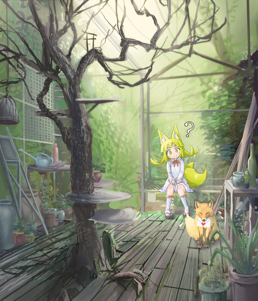 1girl absurdres animal_ears bangs blonde_hair blunt_bangs blush child commentary_request doitsuken dress flying_sweatdrops forest fox fox_ears fox_tail head_tilt highres holding_letter letter long_sleeves looking_at_viewer multiple_tails nature original pot question_mark ribbon sandals scenery sitting smile socks tail thick_eyebrows torii tree white_dress wooden_floor yellow_eyes