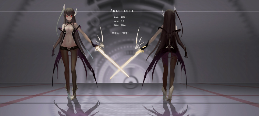 1girl bare_shoulders black_hair breasts character_profile elbow_gloves full_body gloves highres long_hair looking_at_viewer mismatched_gloves multiple_views navel original pantyhose red_eyes revision short_shorts shorts single_elbow_glove standing sword wangchuan_de_quanyan weapon