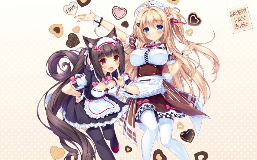 2girls :d ahoge animal_ears apron artist_name bangs bell black_legwear blonde_hair blue_eyes blunt_bangs blush bow bowtie braid breasts brown_eyes brown_hair cat_ears cat_tail character_name character_request chocola_(sayori) cleavage_cutout eyebrows_visible_through_hair hair_ornament hand_on_hip headdress heart heart_hair_ornament highres index_finger_raised jingle_bell large_breasts leaning_forward long_hair looking_at_viewer maid maid_headdress multiple_girls name_tag nekopara official_art open_mouth outstretched_arm puffy_short_sleeves puffy_sleeves sayori short_sleeves side_ponytail slit_pupils small_breasts smile tail thigh-highs twintails very_long_hair waist_apron wallpaper white_legwear wrist_cuffs