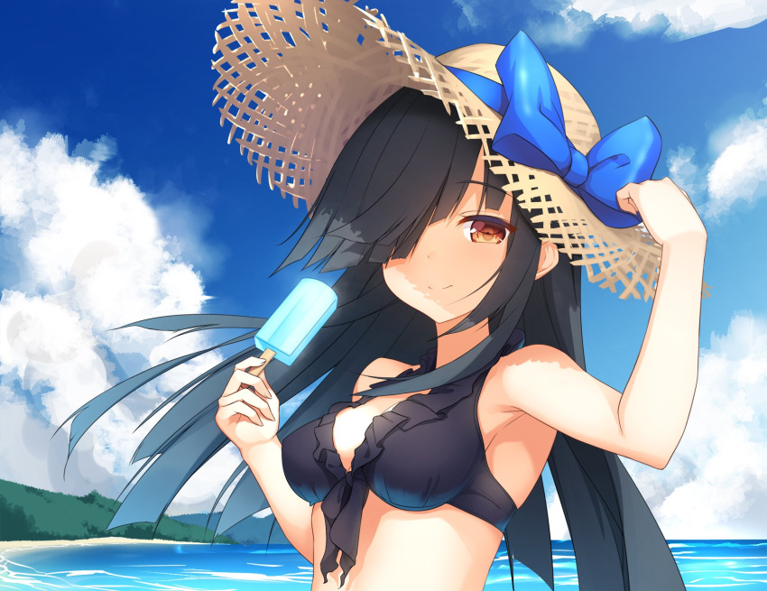 1girl arm_up beach bikini_top black_bikini_top black_hair blue_sky breasts brown_eyes cleavage clouds cloudy_sky day eyebrows_visible_through_hair food front-tie_bikini front-tie_top hair_over_one_eye hand_on_headwear hat hat_ribbon hayashimo_(kantai_collection) highres kantai_collection looking_at_viewer mafuyun medium_breasts outdoors popsicle ribbon sidelocks sky smile solo straw_hat sun_hat upper_body