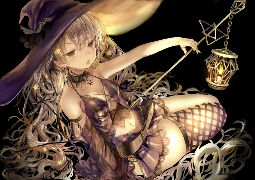 1girl brown_eyes brown_hair candle fire fishnet_legwear fishnets hair_ornament hat highres iijima_masashi lantern long_hair navel open_mouth original pointy_ears revision single_thighhigh solo star star_hair_ornament thigh-highs wavy_hair witch witch_hat