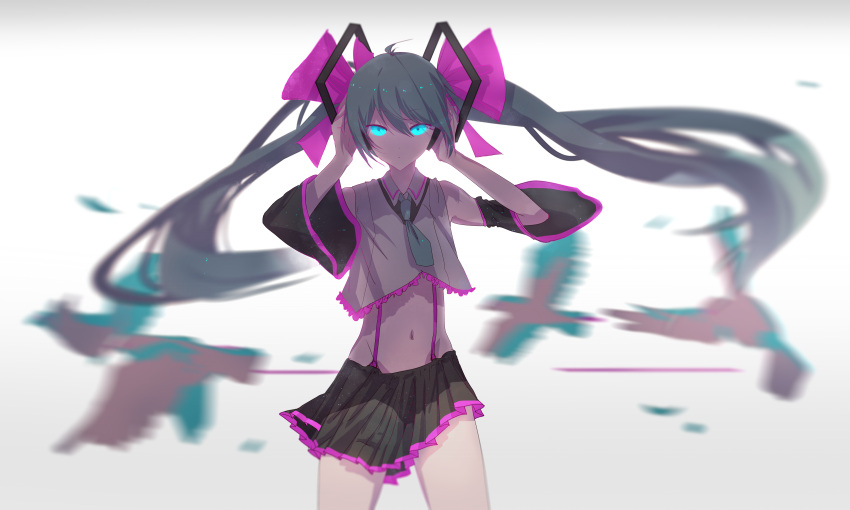 1girl absurdres bird black_skirt blue_eyes bow cowboy_shot crop_top detached_sleeves eyebrows_visible_through_hair floating_hair green_hair green_necktie grey_background groin hair_bow hands_on_headphones hatsune_miku headphones hibikase_(vocaloid) highres long_hair looking_at_viewer midriff miniskirt multiple_girls navel necktie pleated_skirt purple_bow shirt short_necktie skirt sleeveless sleeveless_shirt solo standing stomach suspender_skirt suspenders twintails very_long_hair vocaloid white_shirt yyb