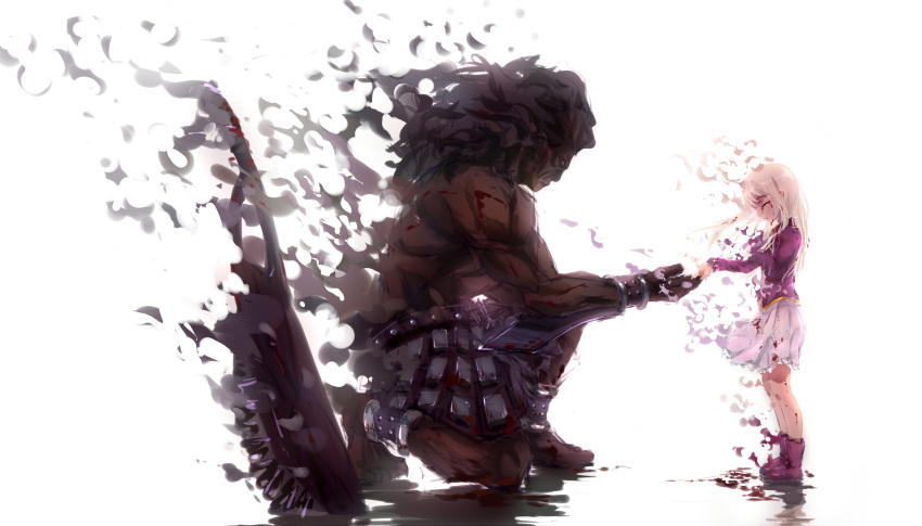 1boy 1girl absurdres berserker black_hair blood blood_on_face bloody_clothes boots dark_skin fate/stay_night fate_(series) from_side highres illyasviel_von_einzbern long_hair pleated_skirt purple_boots purple_shirt qaq shirt silver_hair simple_background skirt sword weapon white_background white_skirt
