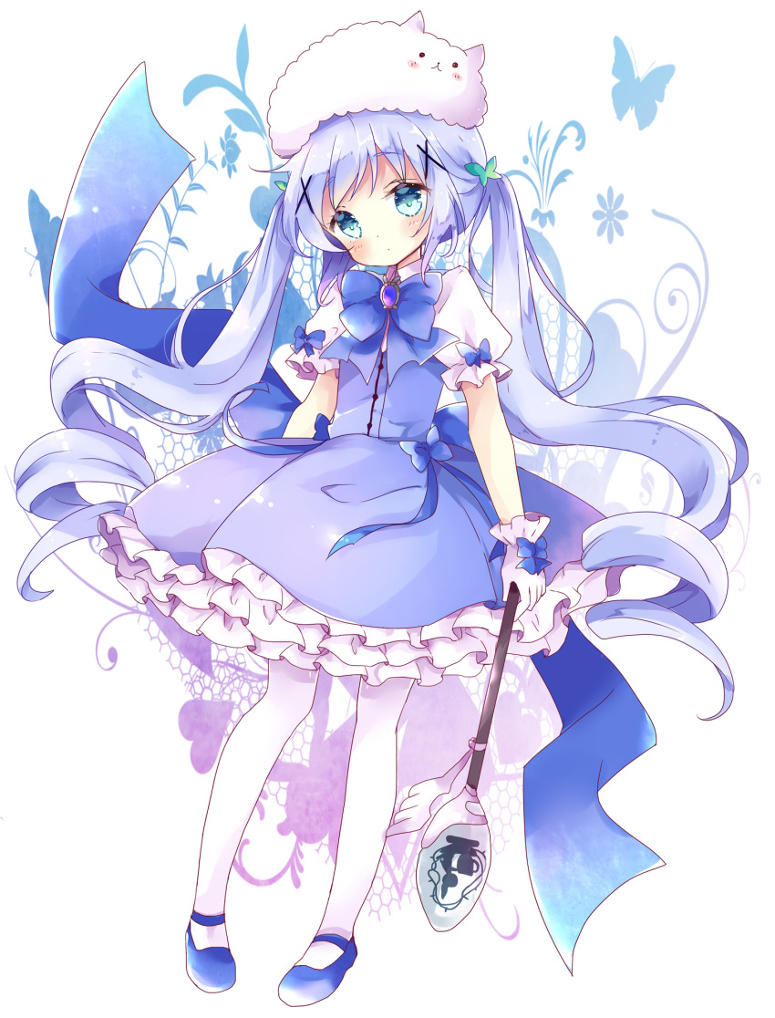 1girl :o adapted_costume animal_hat blue_bow blue_eyes blue_hair blue_ribbon blue_shoes blue_skirt blue_vest blush bow brooch bunny_hat collared_shirt commentary_request eyebrows_visible_through_hair flower frilled_skirt frills full_body gloves gochuumon_wa_usagi_desu_ka? hair_ornament hat head_tilt highres holding holding_spoon holding_wand jewelry kafuu_chino layered_skirt long_hair looking_at_viewer magical_girl mary_janes pantyhose parted_lips plant puffy_short_sleeves puffy_sleeves ribbon ringlets shirt shoes short_sleeves skirt solo standing tsukiyo_(skymint) twintails very_long_hair vest wand white_gloves white_legwear white_shirt x_hair_ornament
