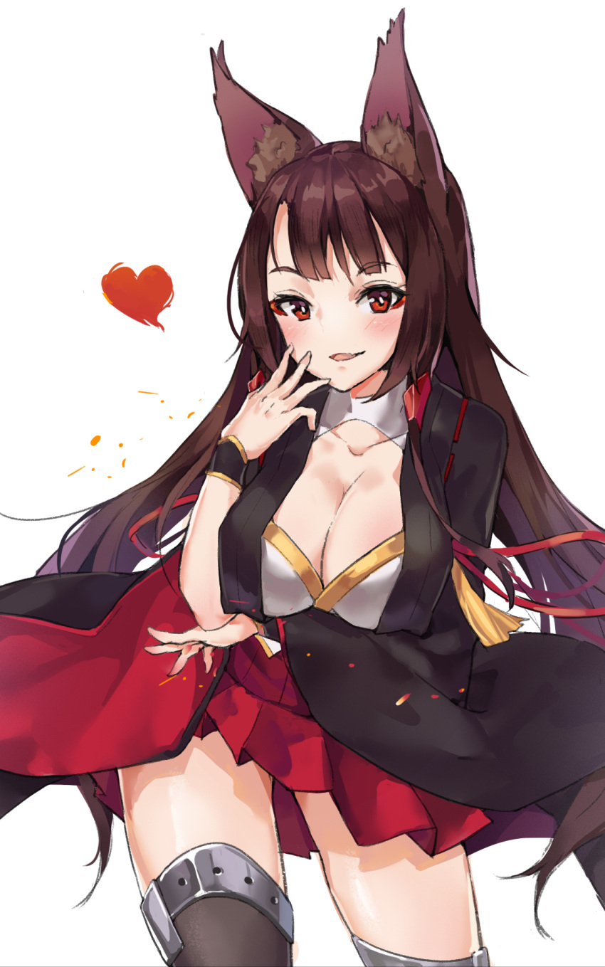 1girl akagi_(bilan_hangxian) animal_ears bent_over bilan_hangxian black_legwear blush bracelet breast_hold breasts bright_pupils brown_hair cleavage cleavage_cutout contrapposto cowboy_shot dre eyeliner fang fox_ears heart highres jewelry large_breasts long_hair looking_at_viewer makeup open_mouth panties pleated_skirt red_eyes ribbon_trim simple_background skirt smile solo thigh-highs underwear white_background white_panties wide_sleeves