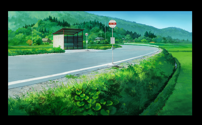 blue_sky border building bus_stop day field forest grass highres hosoi_mikio house lamppost mountain nature no_humans outdoors photoshop plant road road_sign scenery sign sky studio_ghibli windowboxed