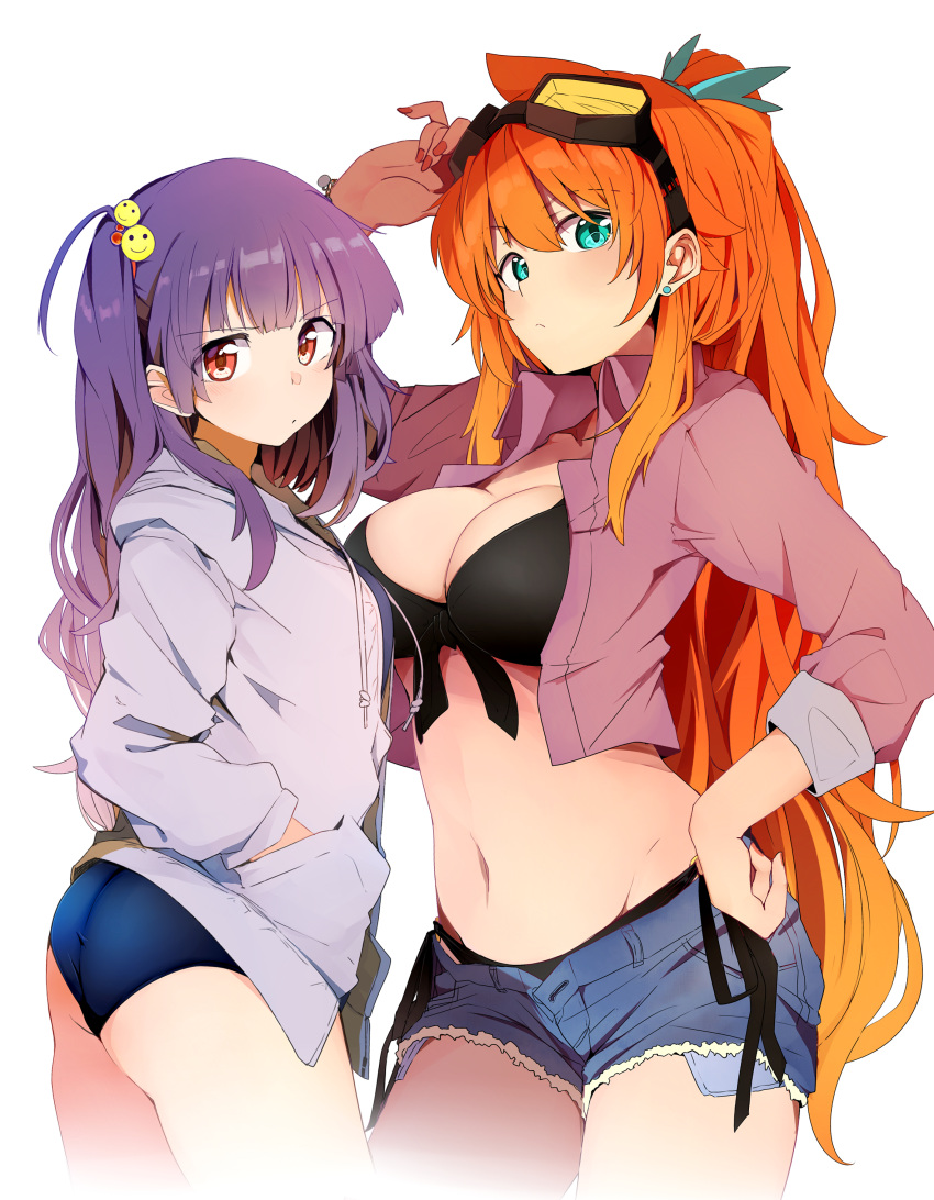 &gt;:/ 2girls :/ absurdres amano_tora aqua_eyes arm_up bangs bikini bikini_under_clothes black_bikini blunt_bangs blush bracelet breasts buruma cleavage closed_mouth commentary_request contrapposto cowboy_shot cropped_shirt cutoffs denim denim_shorts earrings exposed_pocket from_side front-tie_bikini front-tie_top goggles goggles_on_head hair_between_eyes hair_ornament hand_in_pocket hand_on_hip highres hood hoodie jewelry kazenoko long_hair long_sleeves looking_at_viewer looking_to_the_side midriff multiple_girls nail_polish navel one_side_up open_clothes open_hoodie open_shirt orange_hair original ponytail purple_hair red_eyes shirt short_shorts shorts side-tie_bikini simple_background sleeves_rolled_up small_breasts smiley_face stud_earrings swimsuit very_long_hair white_background