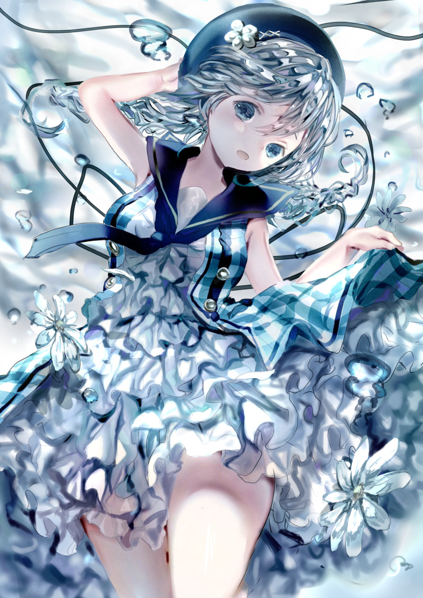 1girl :o absurdres air_bubble arm_up bangs beret blue_eyes cowboy_shot dress dress_lift frilled_dress frills grey_hair hair_between_eyes hat head_tilt highres iijima_masashi lifted_by_self long_hair looking_at_viewer open_mouth original shiny shiny_hair solo thighs underwater white_dress white_flower