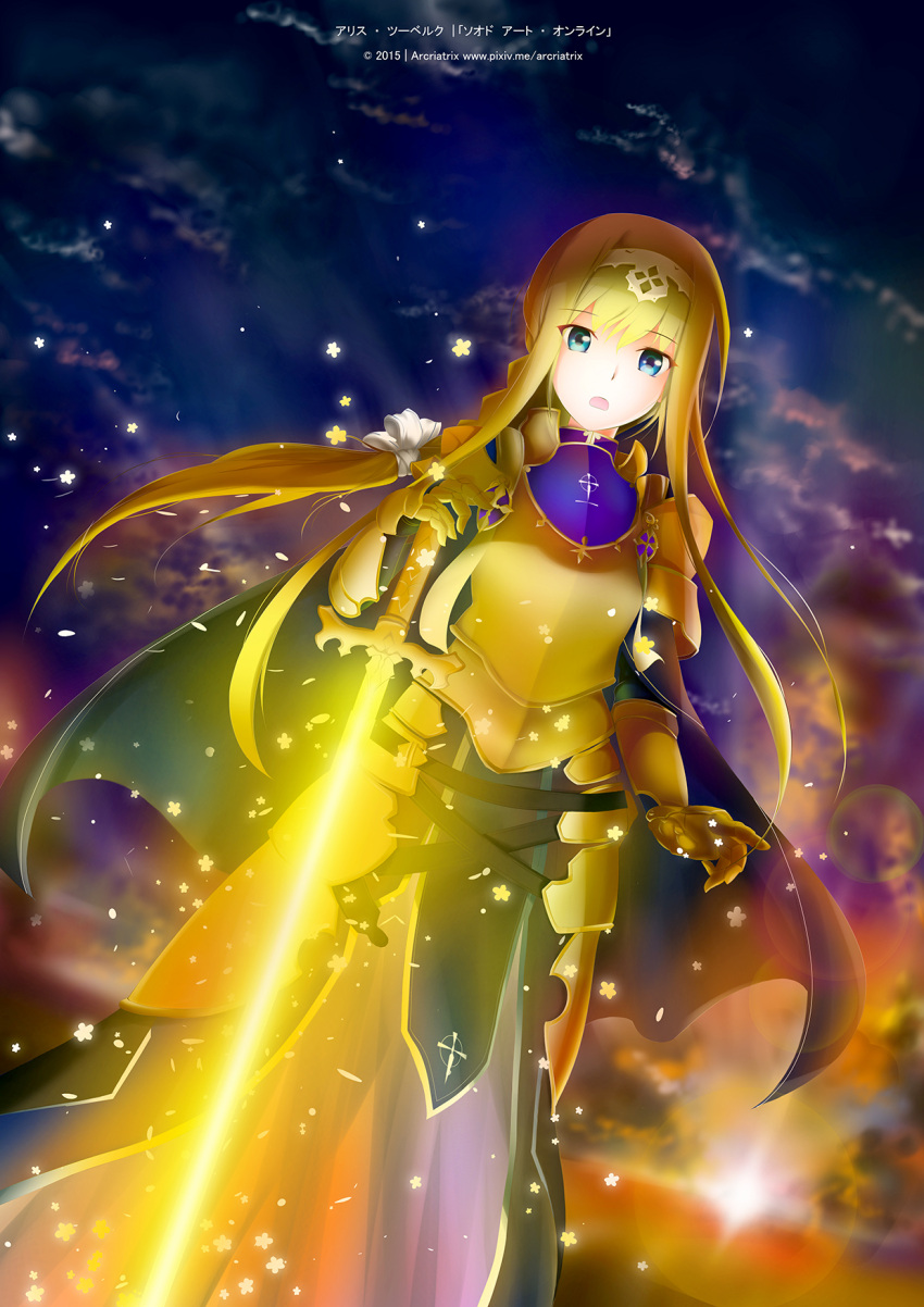 1girl 2015 :d alice_schuberg arcriatrix armor armored_dress blonde_hair blue_eyes breastplate diadem dutch_angle eyebrows_visible_through_hair floating_hair gauntlets gold_armor highres holding holding_sword holding_weapon long_hair looking_at_viewer open_mouth smile solo spaulders standing sword sword_art_online watermark weapon web_address