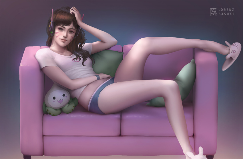 &gt;:3 1girl :3 animal_print artist_name blue_shorts breasts brown_eyes brown_hair bunny_print closed_mouth collarbone commentary couch d.va_(overwatch) eyelashes feet full_body gradient gradient_background hand_on_own_head hand_on_own_stomach hand_up headphones highres leg_up lips long_hair looking_at_viewer lorenz_basuki nose overwatch pachimari pillow shirt shoe_dangle short_shorts shorts slippers small_breasts smile solo stuffed_animal stuffed_octopus stuffed_toy white_shirt wristband