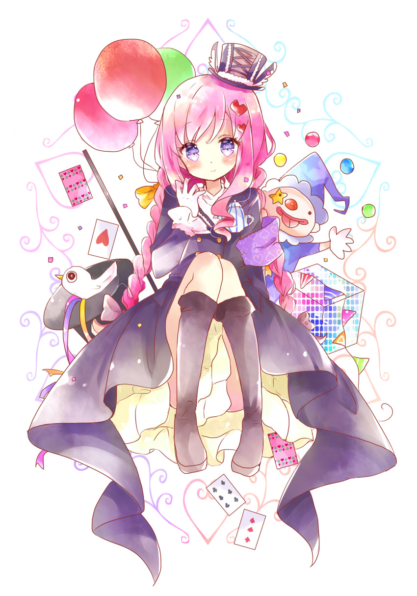 1girl :&gt; armband ball balloon bird black_boots black_coat blush boots bow braid card clown clubs confetti cube diamond_(shape) double-breasted dove eyebrows_visible_through_hair frilled_sleeves frills gloves hair_bow hair_ornament hat head_tilt heart heart_hair_ornament highres knee_boots long_hair long_sleeves looking_at_viewer low-tied_long_hair magician mini_hat mini_top_hat original pennant pink_bow pink_hair playing_card polka_dot ringlets sitting skirt smile solo spade streamers string_of_flags striped tailcoat teapot top_hat tsukiyo_(skymint) twin_braids twintails vertical_stripes violet_eyes white_gloves white_skirt yellow_bow