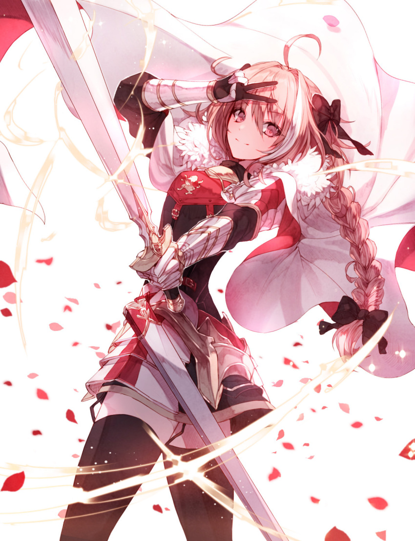 1boy ahoge armor black_legwear braid ekh eyebrows_visible_through_hair fate/apocrypha fate_(series) from_behind highres holding holding_sword holding_weapon long_hair looking_at_viewer multicolored_hair pink_eyes pink_hair rider_of_black sheath solo sword thigh-highs trap v weapon white_hair