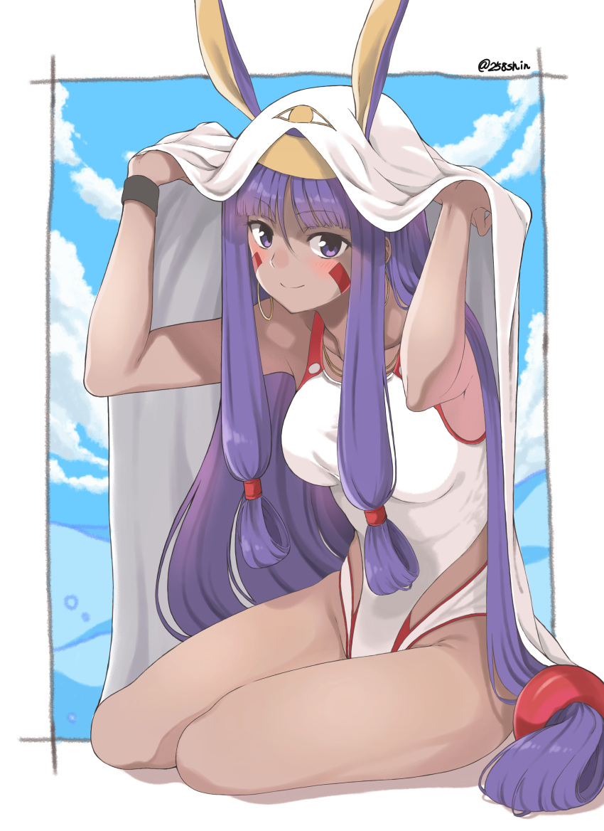 1girl absurdres amu_(258shin) bangs bare_arms bare_legs blunt_bangs breasts closed_mouth commentary_request dark_skin earrings eyebrows_visible_through_hair facial_mark fate_(series) hairband highres hoop_earrings jewelry large_breasts long_hair looking_at_viewer nitocris_(fate/grand_order) purple_hair sidelocks sitting smile solo swimsuit twitter_username very_long_hair violet_eyes white_swimsuit yokozuwari