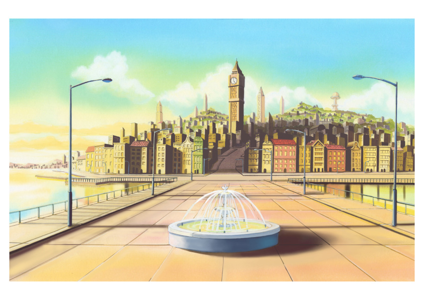 blue_sky building city clock clock_tower clouds commentary_request day fountain gradient_sky hariken highres lake lamppost no_humans outdoors road scenery sky tower