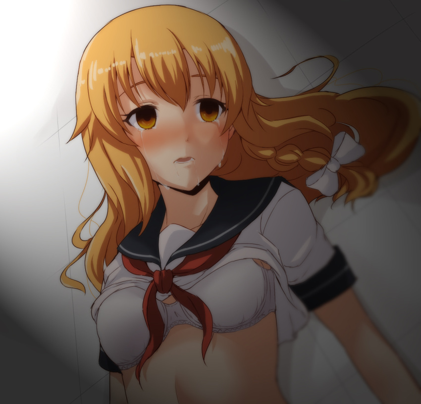1girl azusa_(cookie) blonde_hair bow bra breasts brown_eyes collarbone cookie_(touhou) crying crying_with_eyes_open hair_bow highres kirisame_marisa long_hair lying marine_(46586031) medium_breasts neckerchief on_back red_neckerchief solo tears touhou underwear upper_body white_bow white_bra