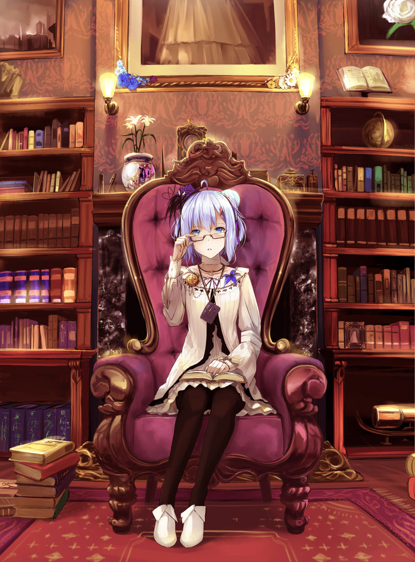 1girl adjusting_glasses ahoge armchair bandage blue_eyes book book_on_lap book_stack bookshelf brown_legwear chair collarbone compass dress expressionless fireplace flower flower_ornament glasses globe hair_bun hat highres kyaro_(kyaro54) lavender_hair layered_dress long_sleeves looking_at_viewer mantle_clock notebook open_book original painting_(object) pantyhose parted_lips pen picture_frame rug sconce semi-rimless_glasses short_hair sitting slippers solo top_hat under-rim_glasses vase