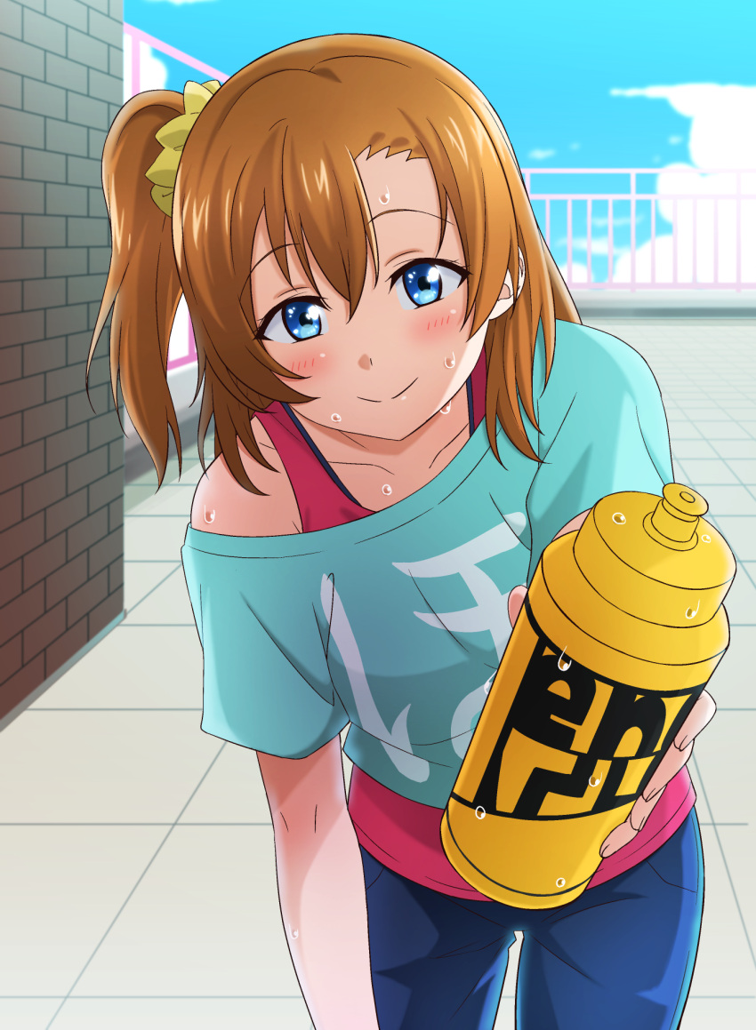 1girl asymmetrical_bangs bangs blue_eyes blue_pants blue_shirt blush bottle brick_wall clouds day eyebrows_visible_through_hair fence foreshortening hair_ornament hair_scrunchie highres holding holding_bottle kousaka_honoka leaning_forward looking_at_viewer love_live! love_live!_school_idol_project off_shoulder offering_drink omaehadareda-uso one_side_up orange_hair pants red_shirt rooftop scrunchie shirt sky smile solo sweat tile_floor tiles undershirt water_bottle yellow_scrunchie