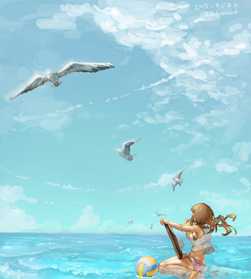1girl absurdres bird brown_hair day from_side highres kilocrescent long_hair looking_away ocean original outdoors seagull sitting sky solo volleyball wariza water