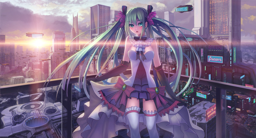 1girl ???_(artist) black_gloves blue_eyes blue_hair blush breasts cleavage elbow_gloves eyebrows_visible_through_hair gloves hatsune_miku highres long_hair looking_at_viewer medium_breasts parted_lips scenery solo space_craft thigh-highs twintails vocaloid white_legwear