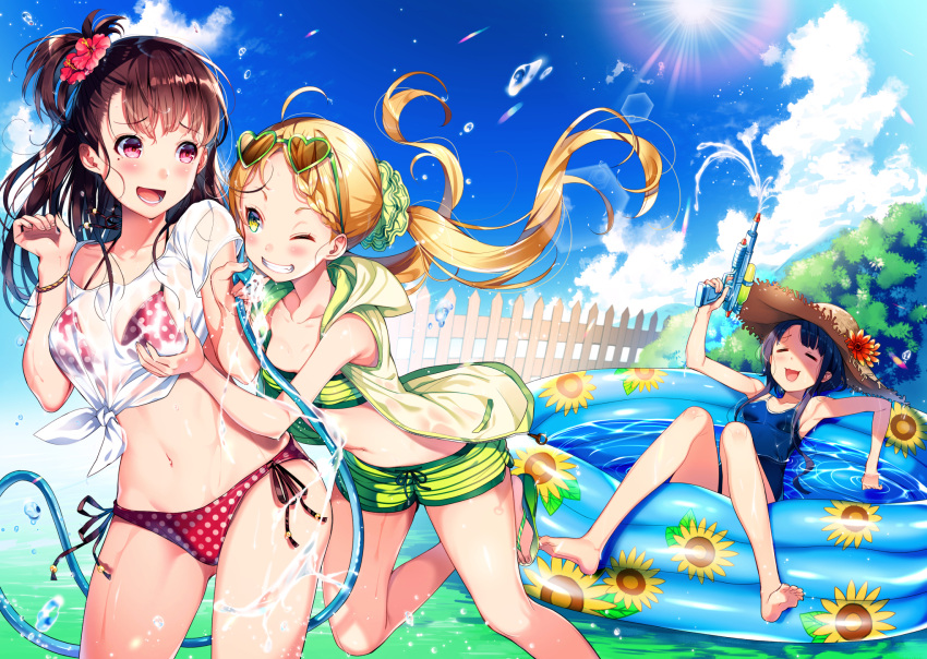 3girls :d =_= bandeau barefoot bikini blonde_hair blue_hair blue_sky blush breast_grab breasts brown_hair closed_eyes clouds cloudy_sky contrapposto cut_(bu-kunn) day fence floral_print grabbing grabbing_from_behind green-framed_eyewear green_shorts grin hat heart heart-shaped_glasses heart-shaped_sunglasses hexagon highres holding hood hoodie hose large_breasts lens_flare light_rays long_hair long_legs mole mole_under_eye multiple_girls navel ocean off-shoulder_shirt off_shoulder one-piece_swimsuit open_clothes open_hoodie open_mouth original outdoors parted_lips polka_dot polka_dot_bikini red_bikini school_swimsuit see-through shirt short_sleeves shorts side-tie_bikini sidelocks sky small_breasts smile standing straw_hat sun_hat sunbeam sunflower_print sunglasses sunglasses_on_head sunlight swimsuit teeth tied_shirt violet_eyes wading_pool water water_gun wet wet_clothes wet_shirt white_shirt yellow_eyes